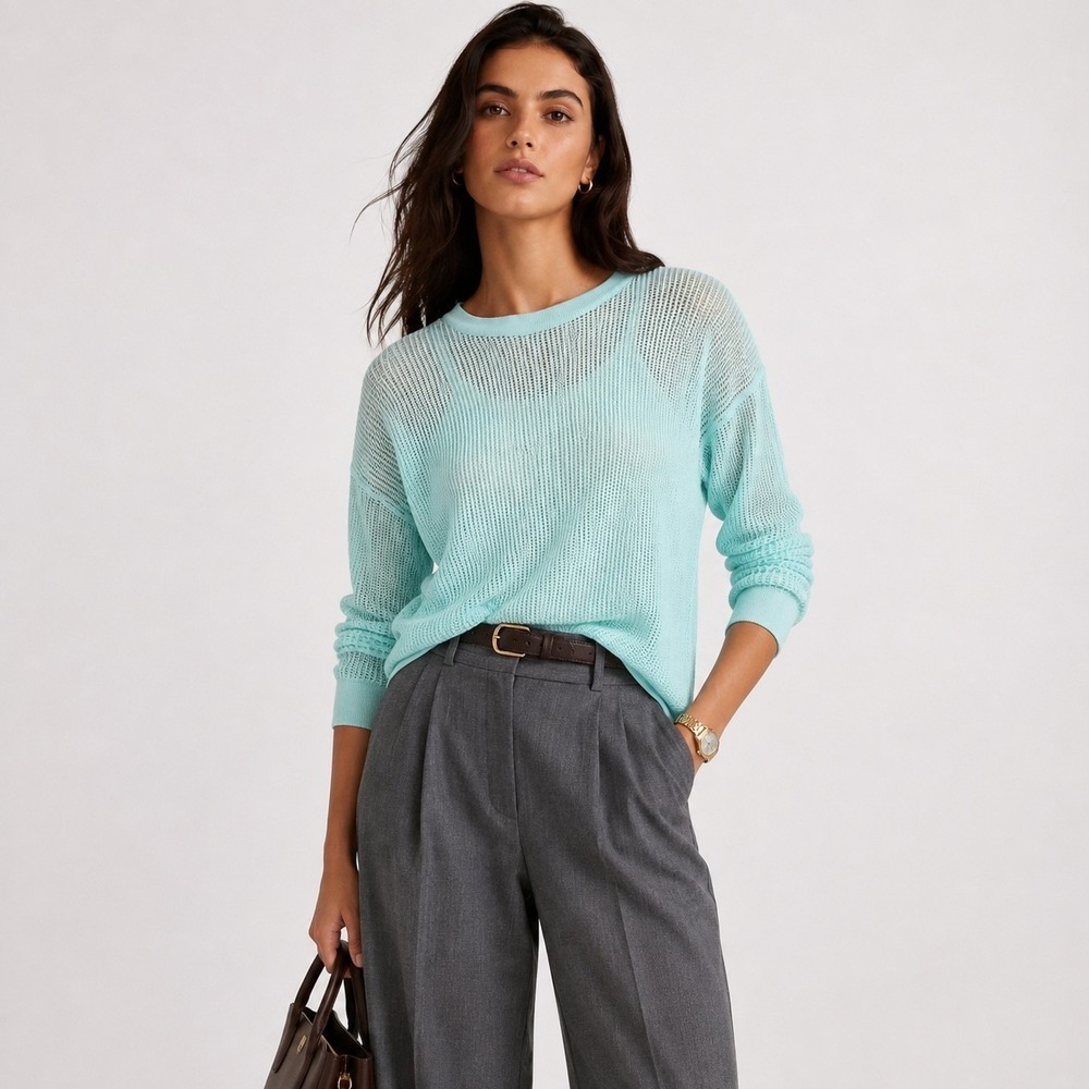 Lauren Ralph Lauren 100% Cotton Open Knit Sweater Womens S Mint Green Layering